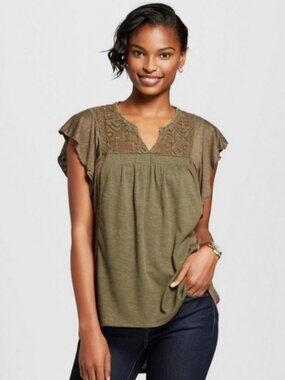Knox Rose Boho Flutter sleeve Olive Top - Size Small